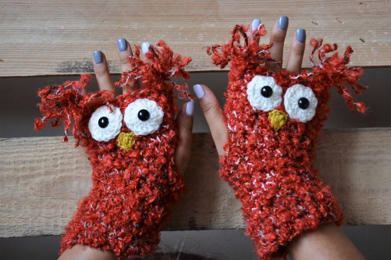 Gehäkelte Fingerlose Handschuhe Roten Eule von MyKnitCroch