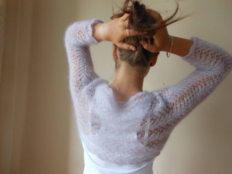 Gestrickter Shrug Bolero Hochzeit Sommer Spitze Lila Lavendel Mohair Seide von MyKnitCroch