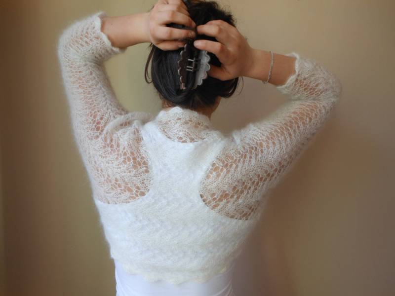 Gestrickter Shrug Bolero Hochzeit Sommer Spitze Off White Mohair Seide von MyKnitCroch