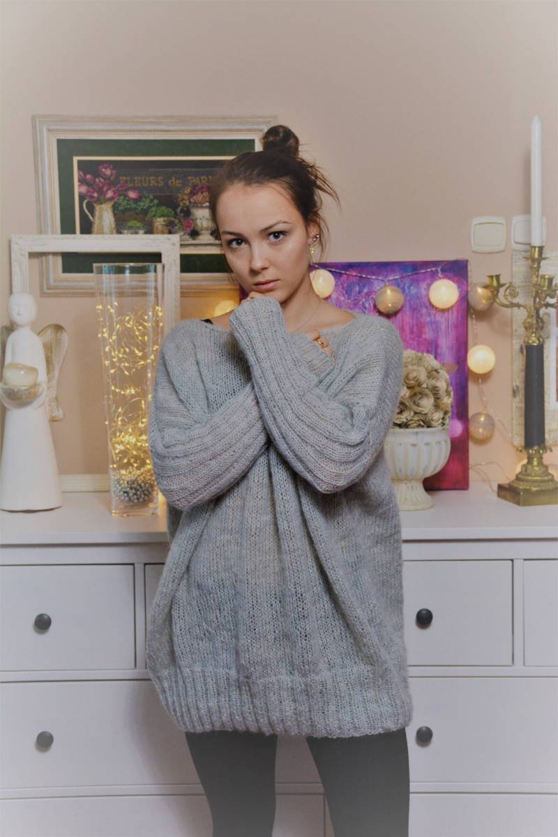 Oversized Plus Size Hand Strickpullover Tunika Lose Strick Damenpullover Poncho Grau von MyKnitCroch