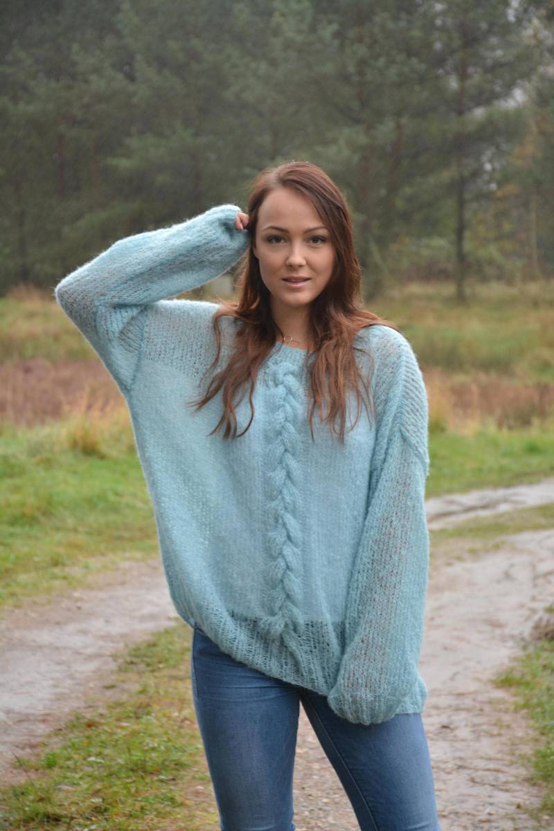 Übergroße Hand Stricken Pullover Alpaka Und Seide Flauschige Tunika Lockere Strick Damen Blau Mint von MyKnitCroch