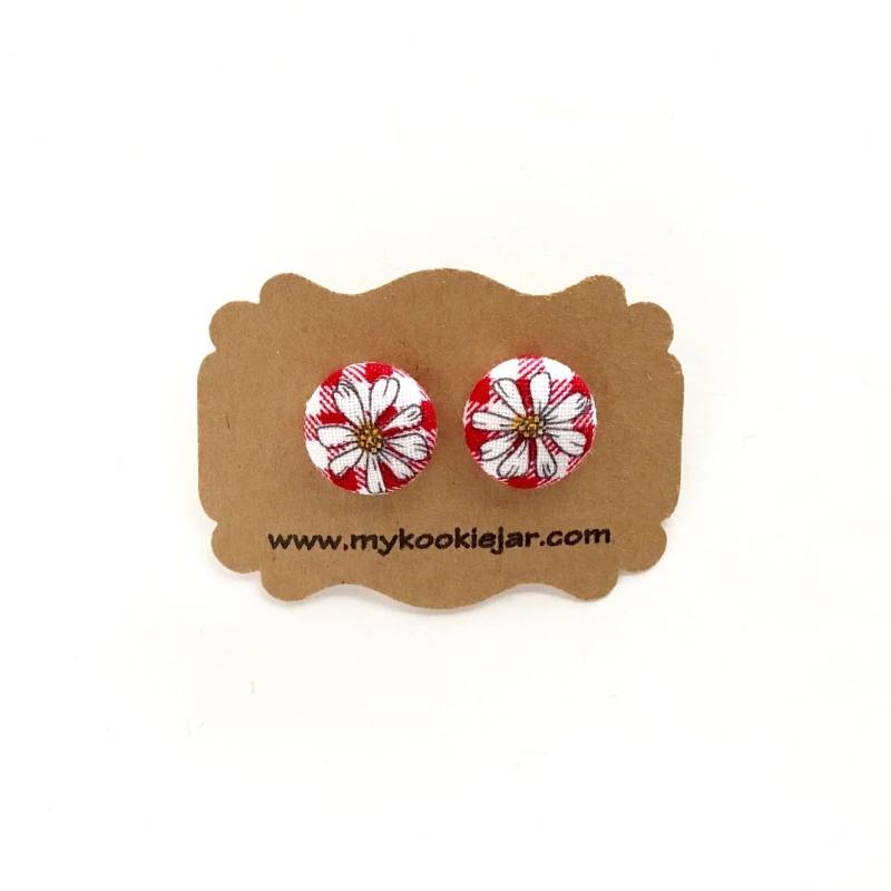 Gänseblümchen-Ohrstecker, Gänseblümchen-Blumenohrringe, Rote Weiße Ginghamohrringe, Blumenohrstecker, Sommerohrringe, Mädchenohrringe von MyKookieJar