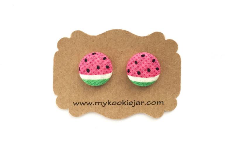 Wassermelone Stoff Knopf Ohrringe, Ohrstecker, Kinder Schmuck, Leichtgewicht, Handgemachte Obst Sommer Ohrring von MyKookieJar