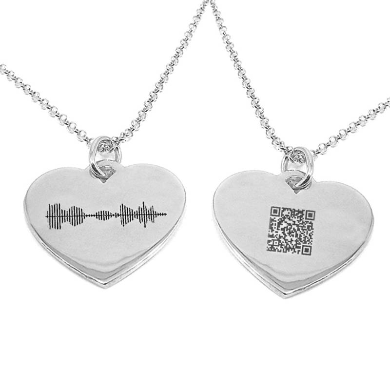 Halskette Aus Platiniertem Sterlingsilber Mit Eingravierter Schallwelle in Einem Herzen Und Eingraviertem Qr-Code Auf Der Rückseite von MyKosmima
