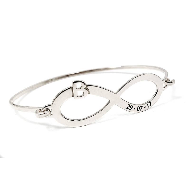 Handgemachtes Infinity Armband, Armreif Mit Infinity, Monogramm Und Datum Auf Sterling Silber Platin Oder Vergoldet von MyKosmima