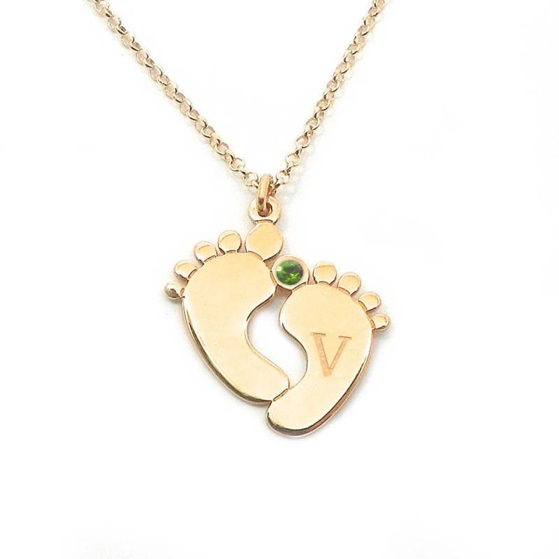 New Mom Halskette Rose Vergoldet Silber - Baby Feet Mit Initiale Und Geburtsstein Swarovski Kristall, Mommy Halskette, Monogramm von MyKosmima