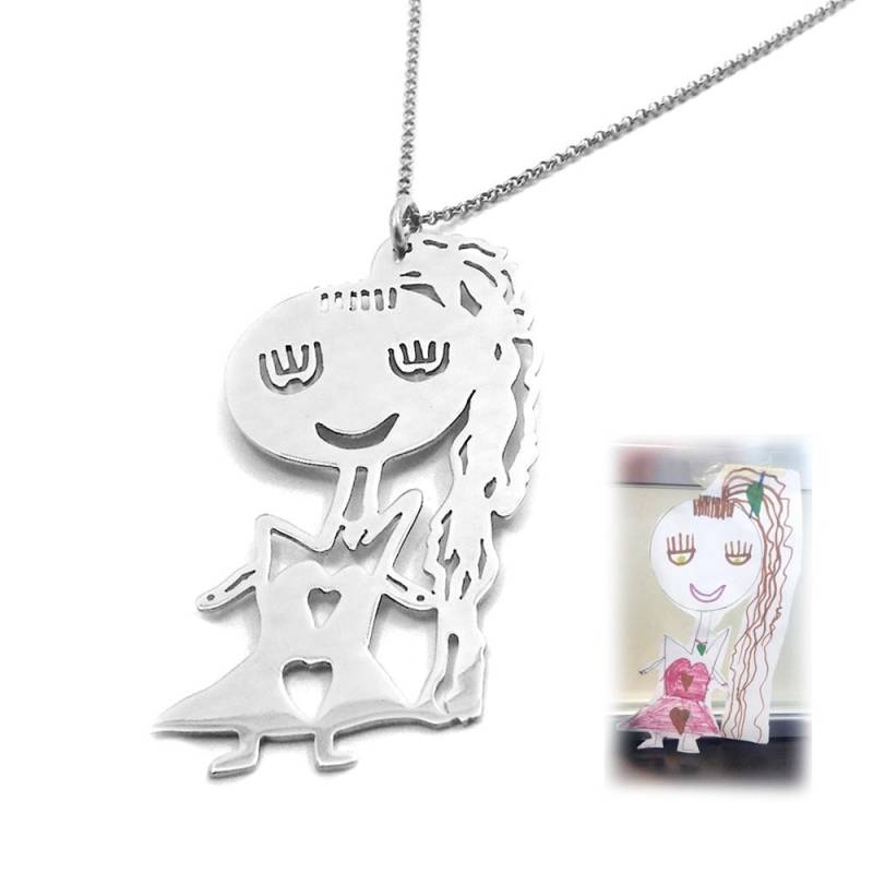 sterling Silber Platinierte Halskette Mit Dem Zeichnenden Schnitt Ihrer Kinder von MyKosmima