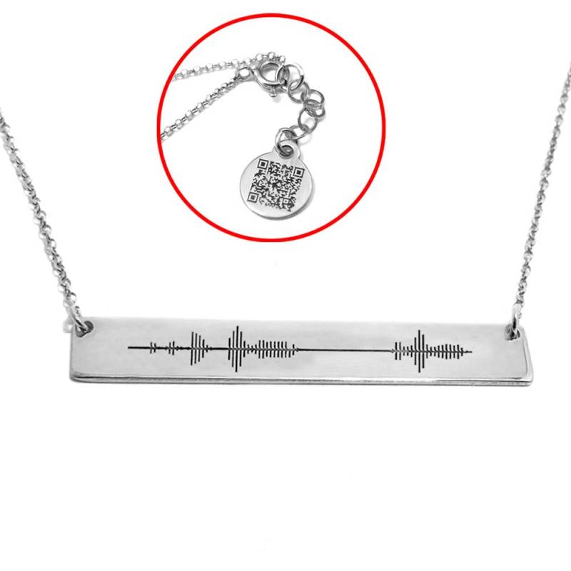 sterling Silber Platinierte Halskette Mit Eingraviertem Soundwave Auf Horizontaler Platte 40x5mm Und Qrcode Am Kettenende von MyKosmima