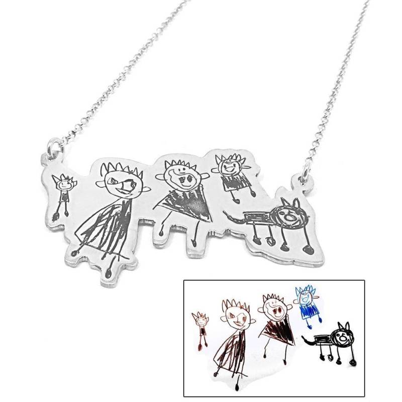 sterling Silber Platinierte Halskette Mit Eingravierter Kinderzeichnung, Textnachricht Auf Der Rückseite | Optional von MyKosmima