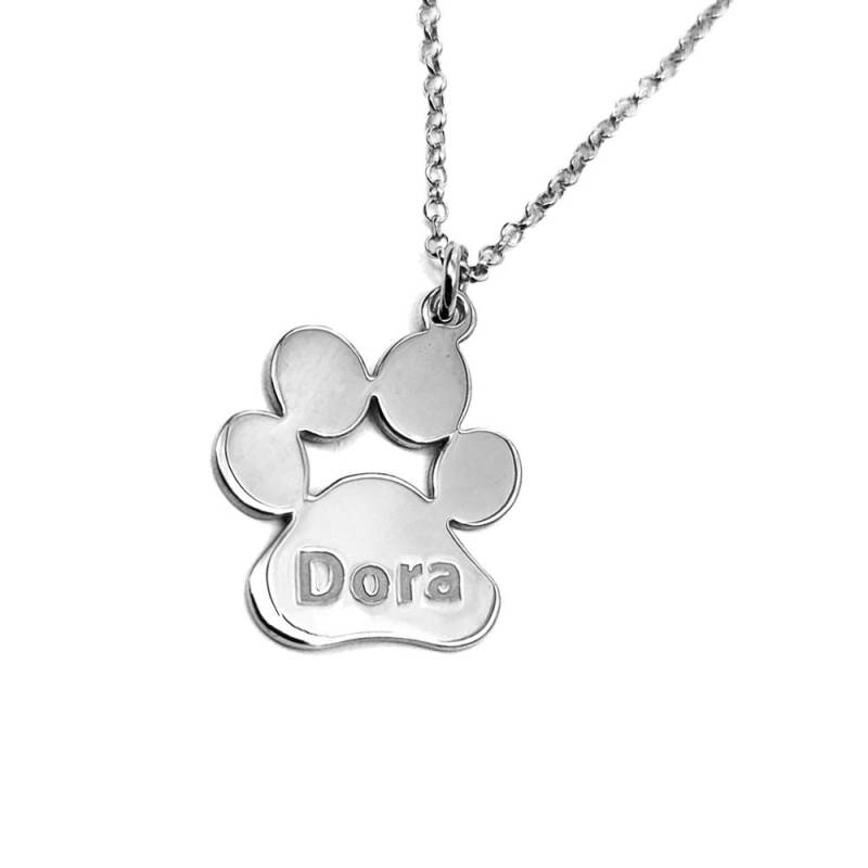 sterling Silber Platinierte Halskette Mit Personalisiertem Pfotenabdruck Und Eingraviertem Namen Deines Haustieres von MyKosmima