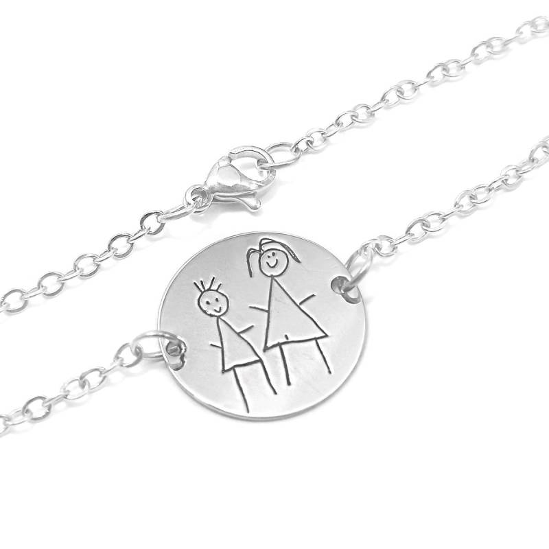 sterling Silber Platiniertes Armband Mit Ihrer Kinderzeichnung Eingraviert Auf Einer Runden Platte 18 Mm, Edelstahlkette von MyKosmima