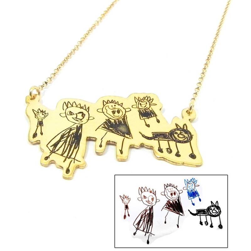 sterling Silber Vergoldet Halskette Mit Ihrem Kinder-Zeichnung Eingraviert, Text Nachricht Auf Der Rückseite | Optional von MyKosmima