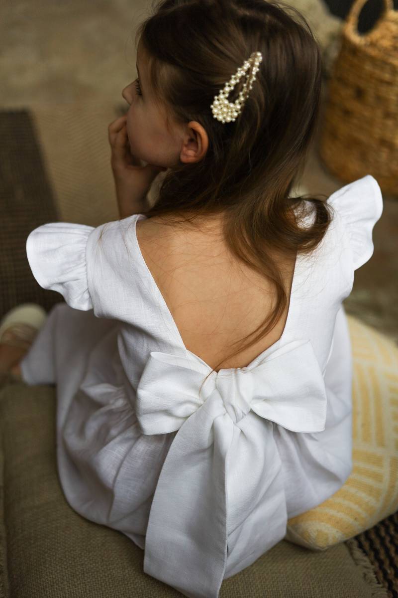 Boho Midi Weißes Kleid, Weiße Brautjungfernkleider, Milchkleid Mit Schleife, Blumenmädchenkleider, Leinen Taufkleid von MyLittleDani