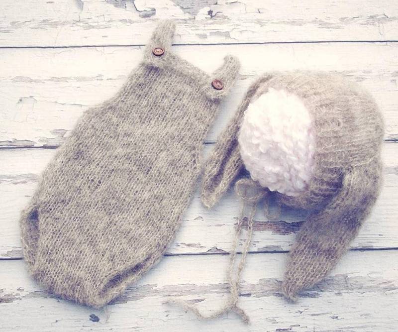 Neugeborenes Baby Mädchen Oder Junge, Handgestrickter Strampler Overall Und Häschen Bonnet Set/ Luxusgarn Fotografie Prop/ Alpaka von MyLittleKnits