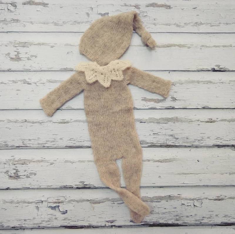 Neugeborenes Baby Mädchen Oder Junge Gebürstet Alpaka Kleine Elfe Hut, Fuß Pj Und Spitze Kragen Set/Einzigartige Luxus Fotografie Prop von MyLittleKnits