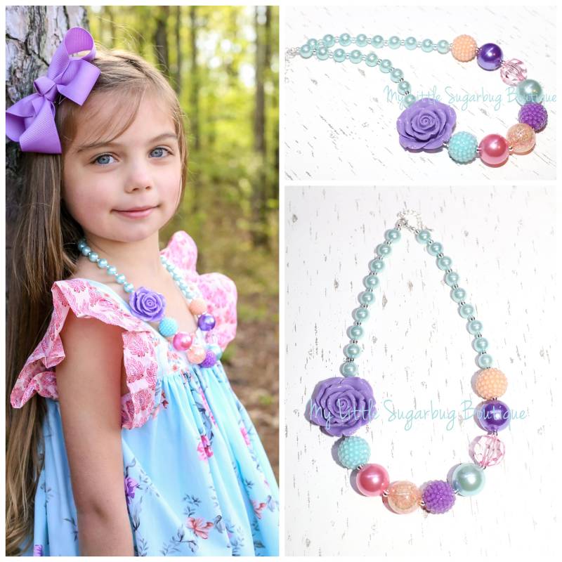 Frühling Charm Chunky Halskette-M2M Eleanor-Mint Rosa Lila Und Pfirsich-Frühling Halskette-Bubblegum Halskette-Baby-Kleinkind-Mädchen-Frauen von MyLittleSugarbugBtq