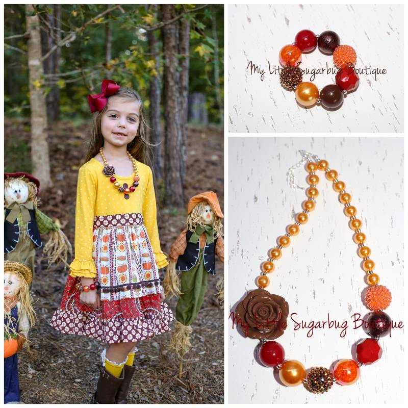 Geben Dank Chunky Halskette-M2M Eleanor Rose-Orange Gelb Dunkelrot Und Braun-Thanksgiving-Bubblegum Halskette-Baby-Kleinkind-Mädchen-Frauen von MyLittleSugarbugBtq