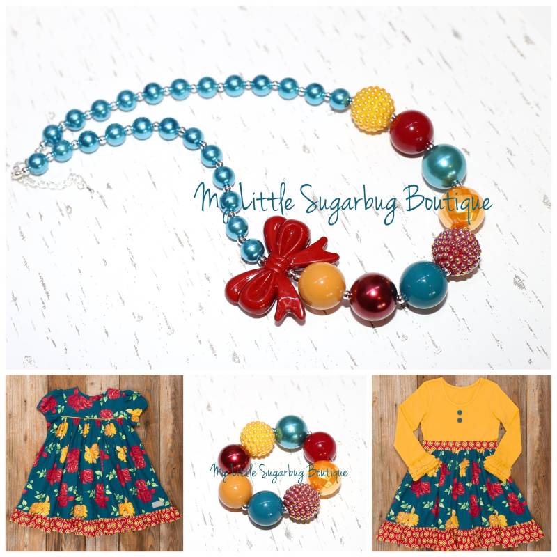 Herbst Rose Chunky Halskette-M2M Eleanor Rose-Herbst Halskette-Jade Senf Dunkel Rot-Thanksgiving-Bubblegum Halskette-Baby-Kleinkind-Mädchen von MyLittleSugarbugBtq