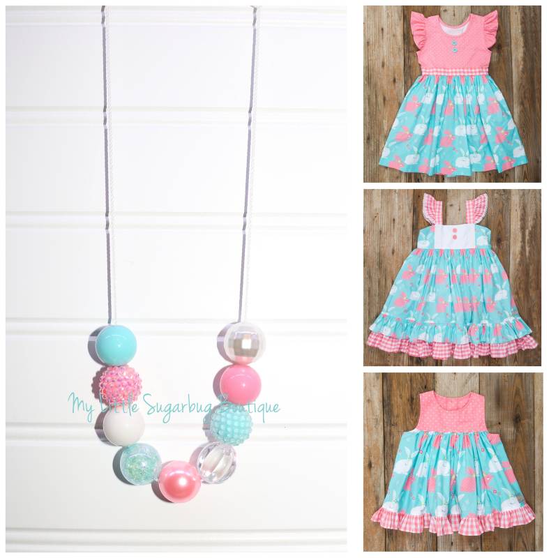 Hippity Hoppity Cord Halskette-Rosa Türkis Und Weiß-M2M Eleanor Rose-Ostern Halskette-Baby-Kleinkind-Mädchen-Frauen von MyLittleSugarbugBtq