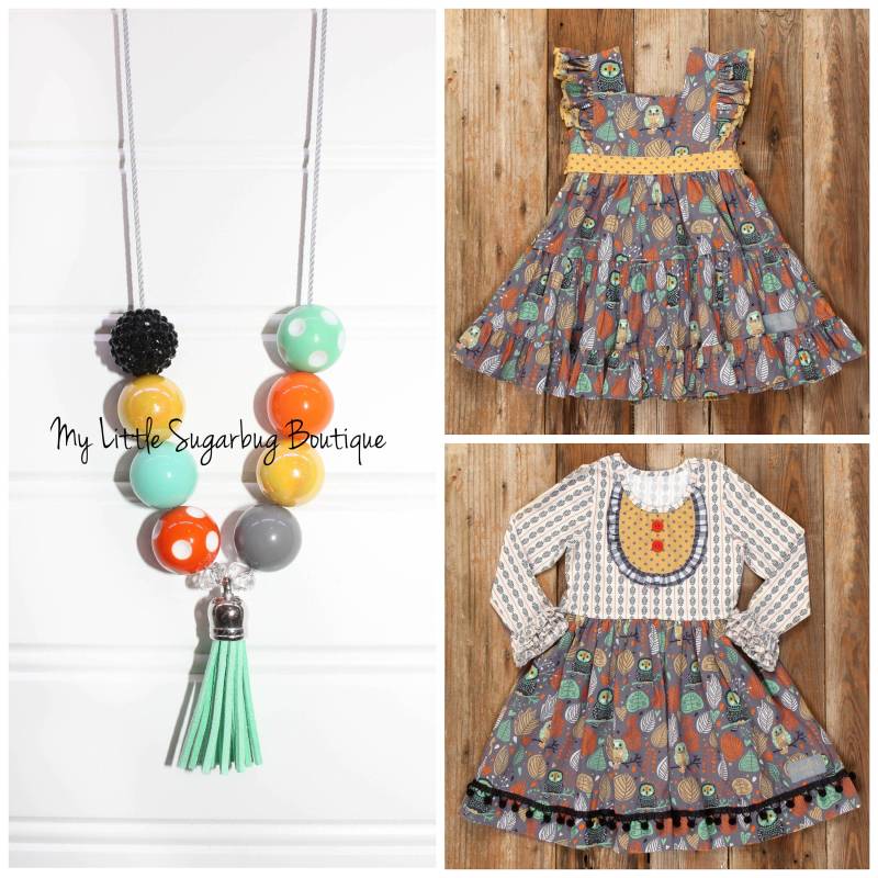 Hoot & Harvest Quaste Halskette-Orange Teal Gelb Grau Schwarz Quaste-M2M Eleanor Rose-Fall Quaste-Eule Quaste-Baby-Kleinkind-Mädchen-Frauen von MyLittleSugarbugBtq