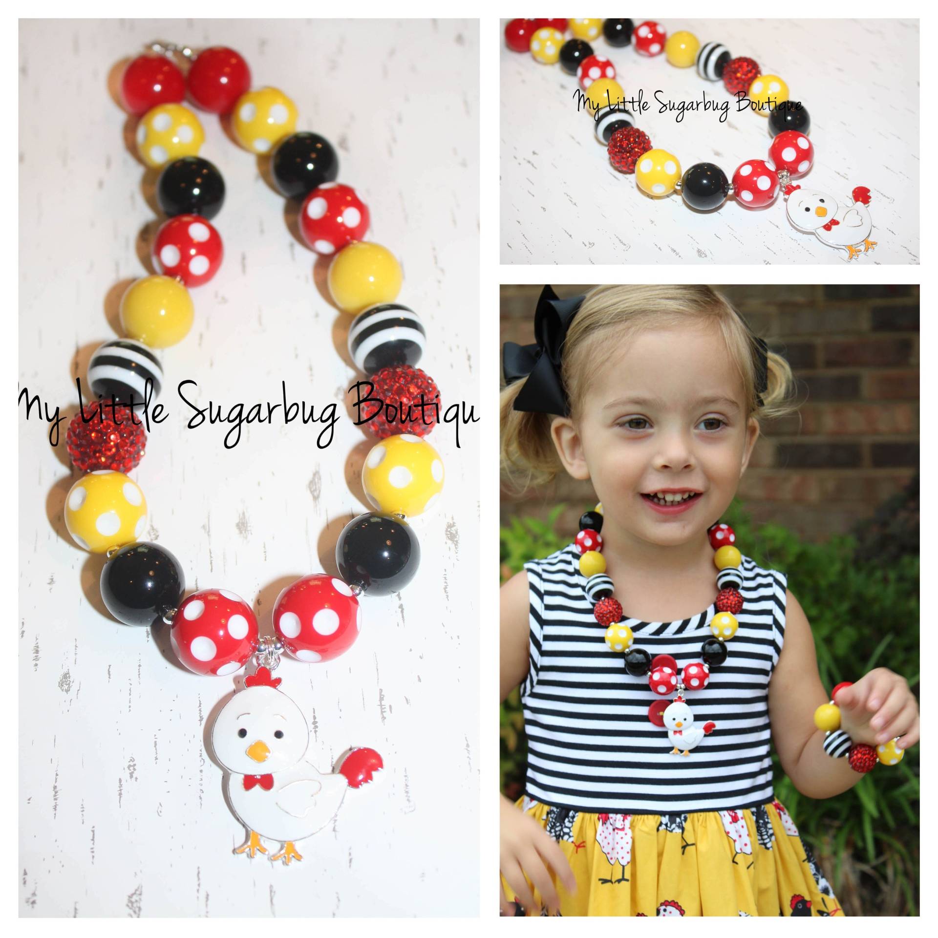 Huhn Chunky Halskette-Gelb-Rot-Schwarz-M2M Eleanor Rose-M2M Ein Scheffel Und Ein Peck-Kaugummi Halskette-Baby-Kleinkind-Mädchen-Frauen von MyLittleSugarbugBtq