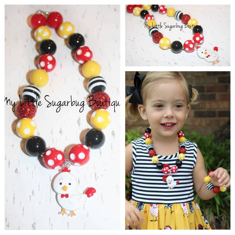 Huhn Chunky Halskette-Gelb-Rot-Schwarz-M2M Eleanor Rose-M2M Ein Scheffel Und Ein Peck-Kaugummi Halskette-Baby-Kleinkind-Mädchen-Frauen von MyLittleSugarbugBtq