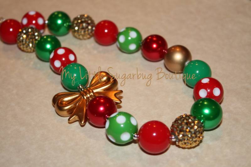 Mistelzweig Chunky Halskette-Rot Gold Und Grün Halskette-Bubblegum Halskette-Baby-Kleinkind-Mädchen-Frauen von MyLittleSugarbugBtq