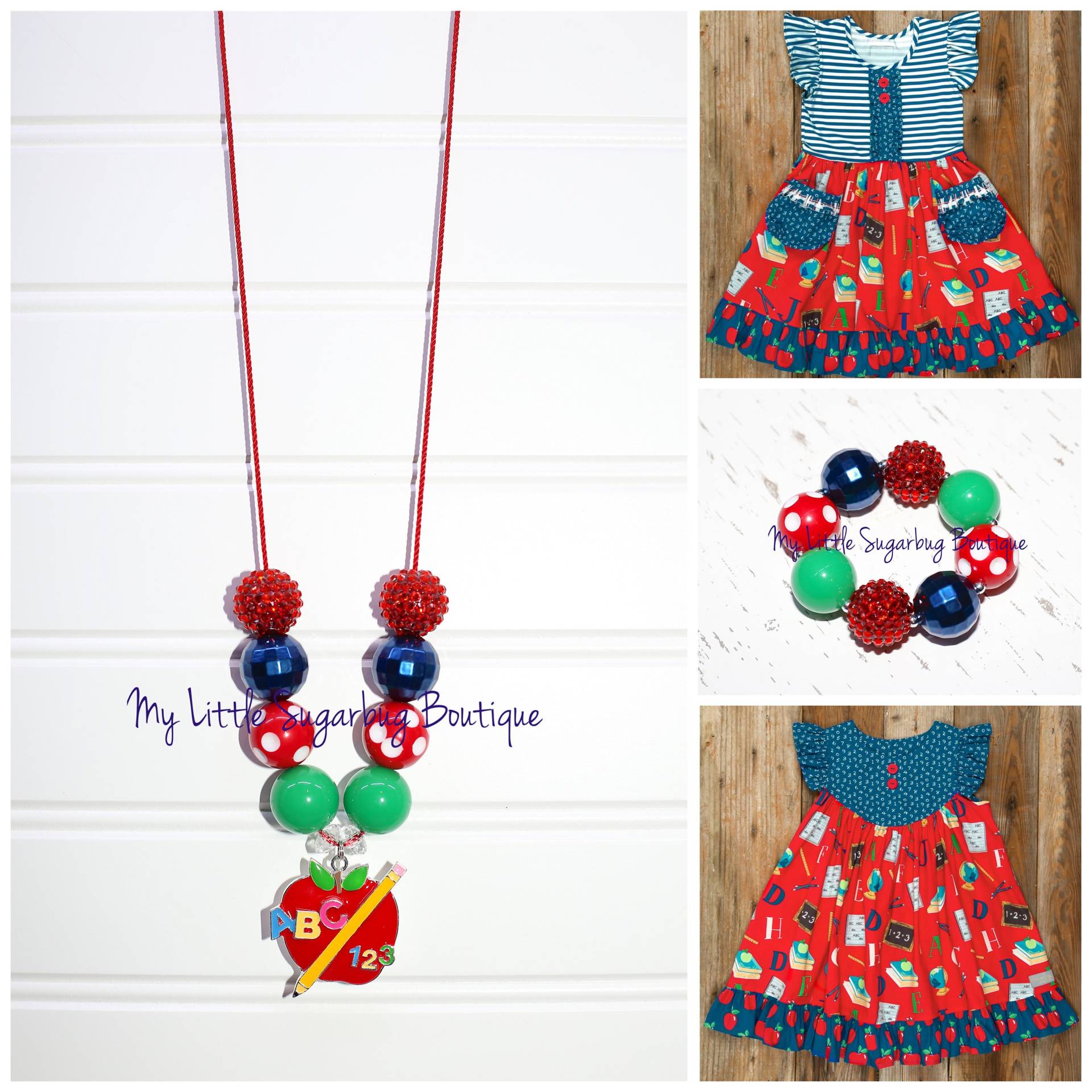 Schulhof Spaß Apfel Kordel Halskette-Rot Blau Grün-M2M Eleanor Rose-Zurück in Die Schule-Apfel Halskette-Baby-Kleinkind-Mädchen von MyLittleSugarbugBtq