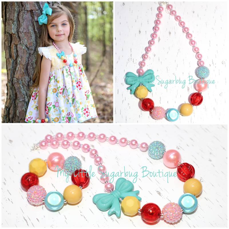 Sunny Blooms Chunky Halskette-M2M Zoe Addelyn-Pink Türkis Gelb Und Rot-Bubblegum Halskette-Baby-Kleinkind-Mädchen-Frauen von MyLittleSugarbugBtq