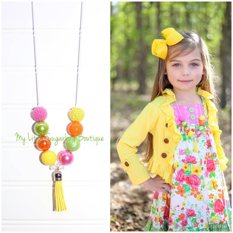 Vintage Floral Quaste Halskette-Rosa Gelb Orange Und Lime Grün Quaste-M2M Eleanor Rose-Baby-Kleinkind-Mädchen-Frauen von MyLittleSugarbugBtq