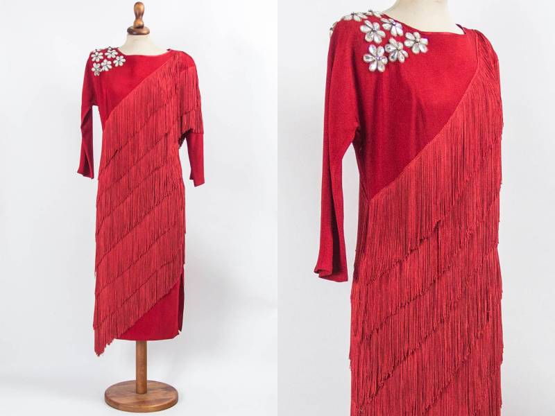 80Er Jahre Partykleid, Rotes Kleid, Vintage Fransen Achtziger Auth, Perlen Cocktailkleid, Größe L von MyLoftVintage