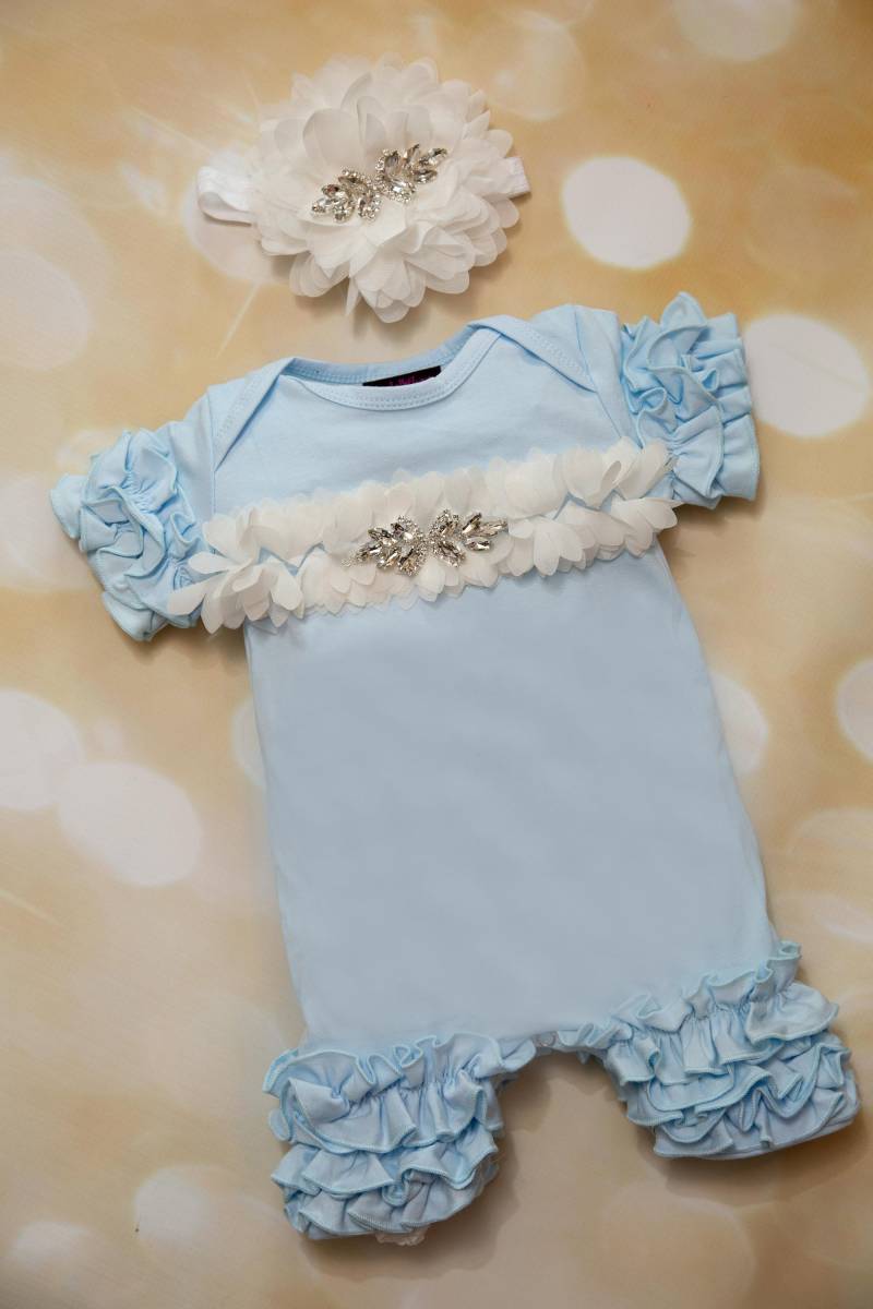 Baby Blau Rüsche Säugling Mädchen Rüschen Strampler Set Ein Stück Mit Chiffon Und Klare Strass von MyLolliflopsLLC