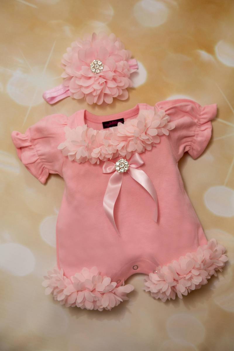 Baby Mädchen Rosa Bubble Strampler Set Kleinkind Einteiler Mit Flauschigem Chiffon Und Passendem Stirnband von MyLolliflopsLLC