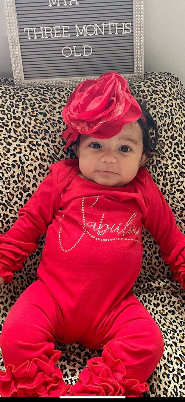 Baby Mädchen Rot Rüschen Strampler Fabelhaft in Strass Säugling Baumwolle Mit Große Blume Stirnband von MyLolliflopsLLC