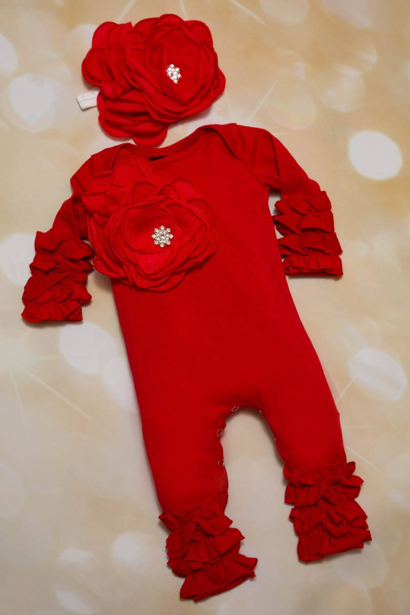 Roter Rüschen Baby Strampler Mit Blume & Stirnband von MyLolliflopsLLC