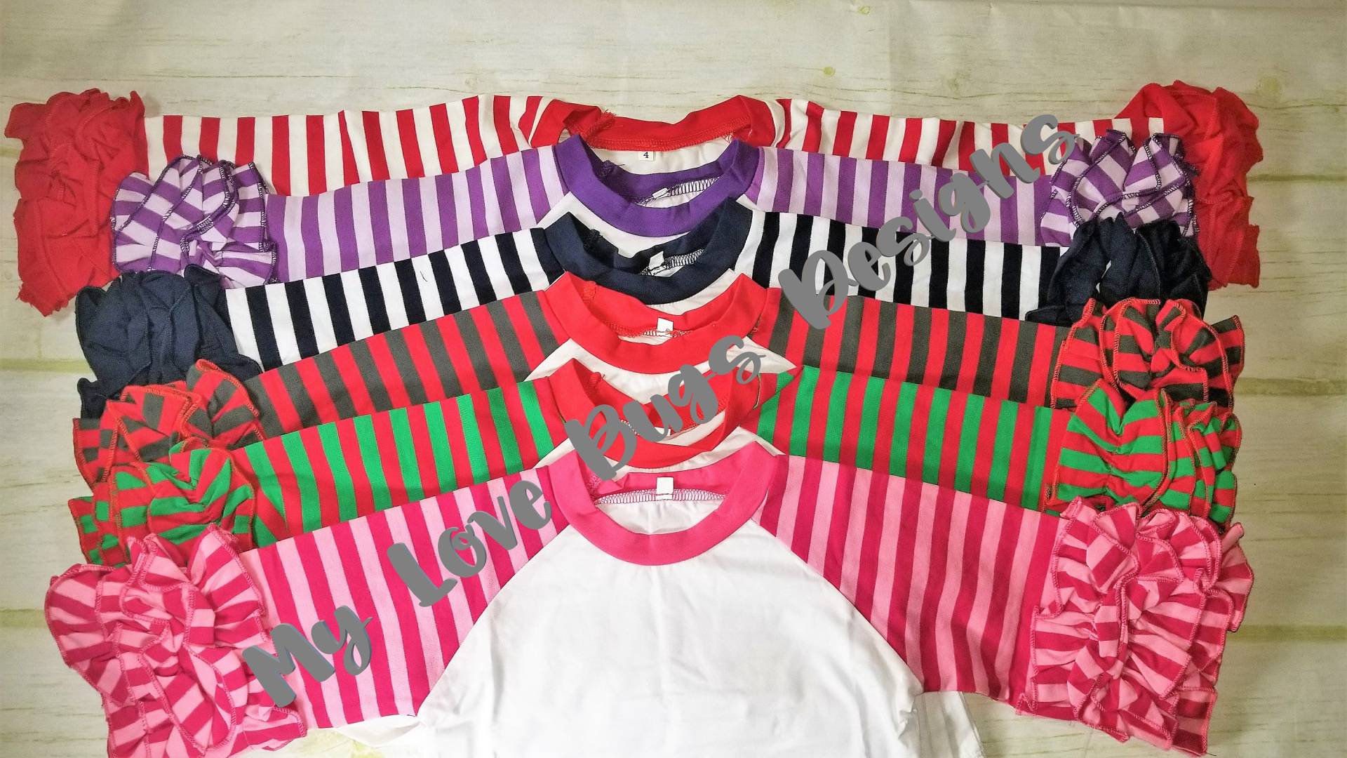 stripe Icing Ruffle Raglan Shirts - Mehrere Farben Monogramable von MyLoveBugsDesigns