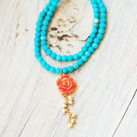 Türkis Halskette, Koralle Rose Kleine Brauthalskette, Rose, Perlenkette von MyLoveJuly