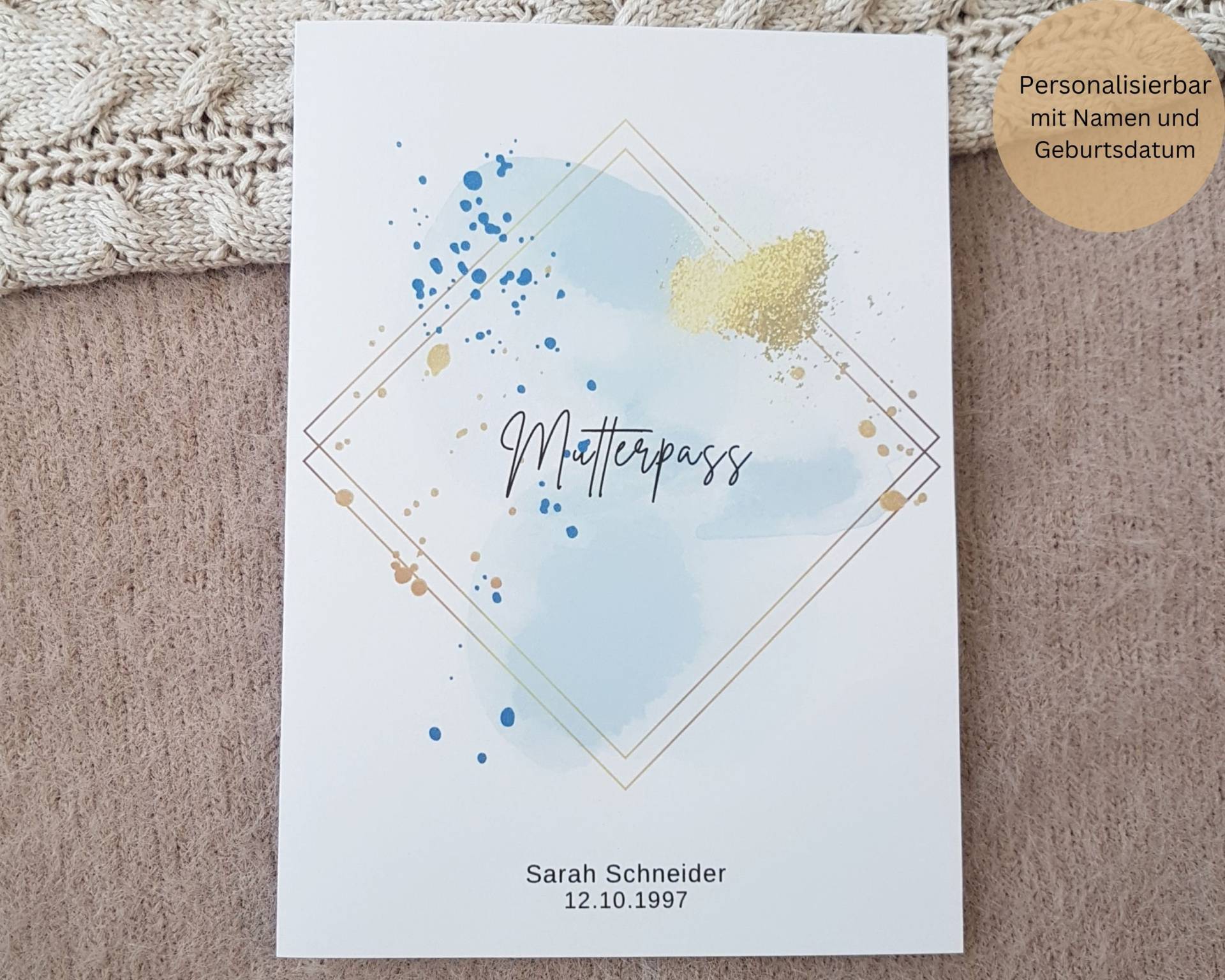 Mutterpasshülle Personalisierbar Mit Fach + Namen/Hülle Deutscher Mutterpass Schutzhülle Schutzumschlag Aquarell Blau von MyMarelle