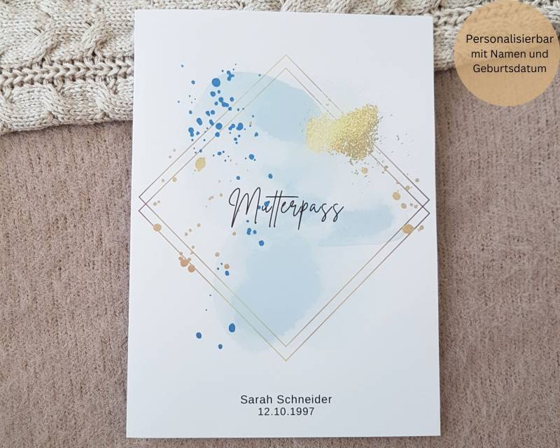 Mutterpasshülle Personalisierbar Mit Fach + Namen/Hülle Deutscher Mutterpass Schutzhülle Schutzumschlag Aquarell Blau von MyMarelle