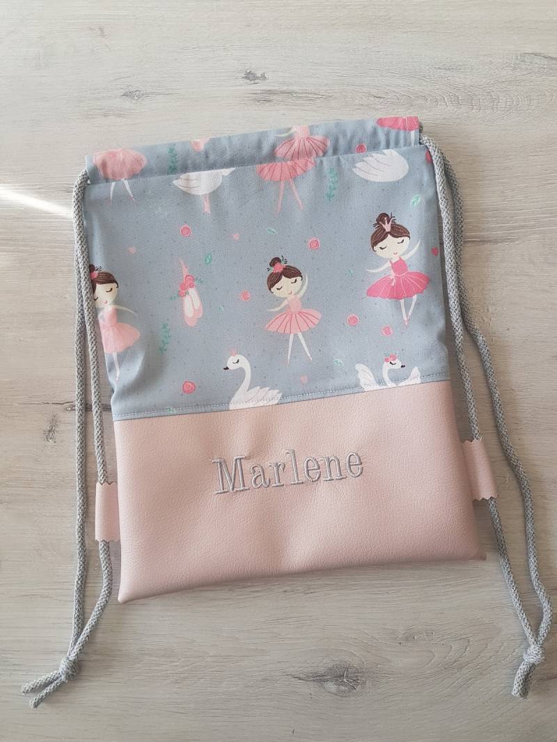 Turnbeutel Mit Namen/Kinderturnbeutel Kindergartenturnbeutel Rucksack Baumwolle Kunstleder Ballerina Grau von MyMarelle