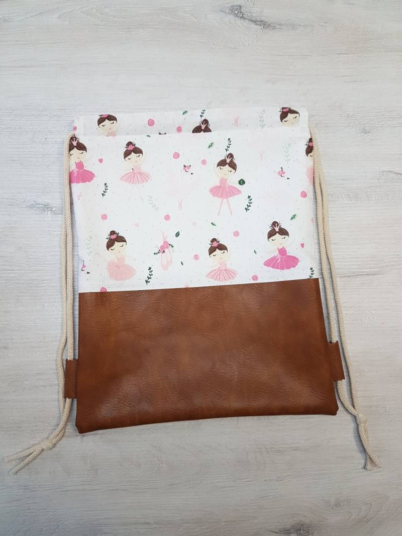 Turnbeutel Personalisiert Mit Namen/Kinderturnbeutel Kindergartenturnbeutel Rucksack Baumwolle Kunstleder Ballerina Weiß Braun von MyMarelle