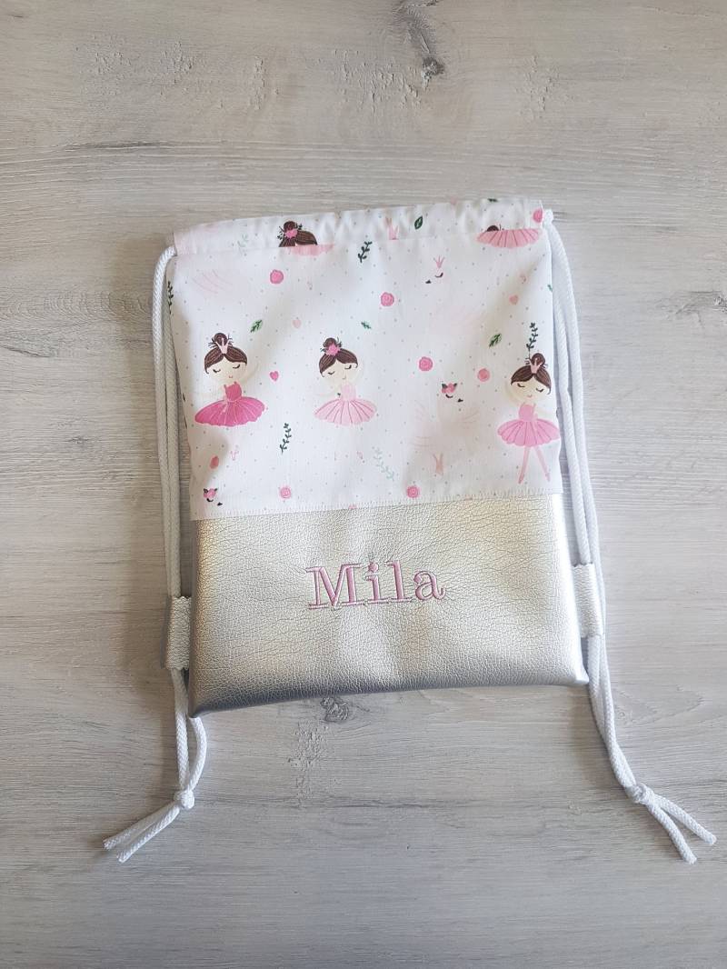 Turnbeutel Personalisiert Mit Namen/Kinderturnbeutel Kindergartenturnbeutel Rucksack Baumwolle Kunstleder Ballerina Weiß Silber von MyMarelle