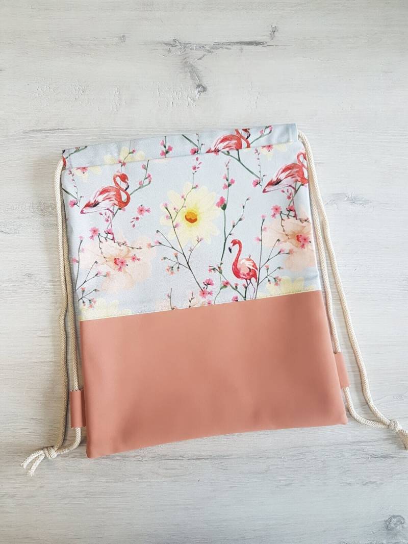 Turnbeutel Personalisiert Mit Namen/Kinderturnbeutel Kindergartenturnbeutel Rucksack Baumwolle Kunstleder Flamingo Blumen von MyMarelle