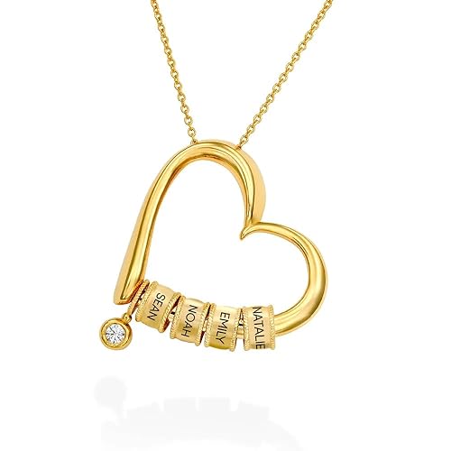 MyNameNecklace - Charmevolle Herz-Halskette mit eingravierten Perlen aus Sterling Silber 925 - Vergoldet - Geschenk für Damen - Mutter - Freundin zum Valentinstag (Diamant: 750er Vergoldet) von MyNameNecklace