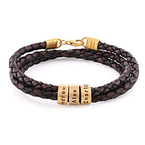 MyNameNecklace MYKA Herren Armband Geflochten Schwarz Braun mit kleinen Gravur Perlen Leder in Sterling Silber 925 / Vergoldet - Herren Geschenk Echtleder (Braunes Leder und 750er Gold Vermeil) von MyNameNecklace