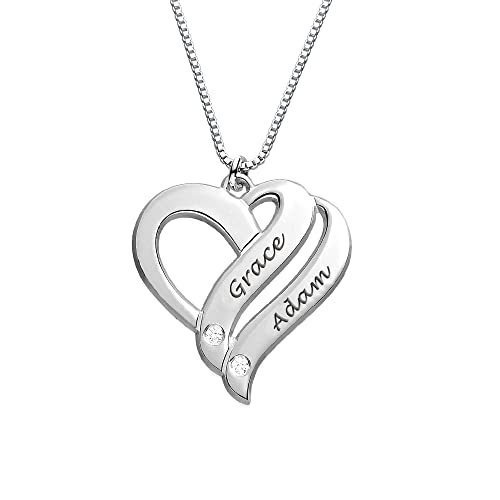 MyNameNecklace MYKA – Personalisierte 2 Herzform-Halskette mit eingravierten Namen für Frauen – CZ oder Diamantsteine – individueller Modeschmuck (925er Silber mit diamant) von MyNameNecklace