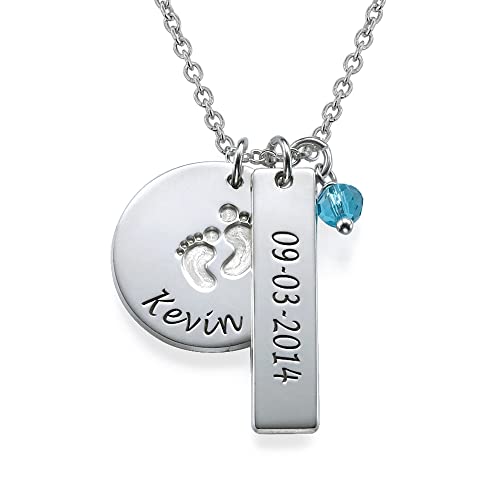 MYKA – Personalisierte Baby Feet Bar Namenskette mit CZ Geburtsstein – Gravierter Anhänger in Sterlingsilber oder vergoldet – Geschenk für Mama (925er Silber) von MyNameNecklace