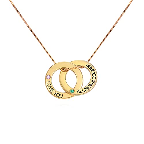 MYKA Personalisierte Russische Ring Halskette mit Gravur auf Zwei Ringen - Weihnachten Graviert Name Schmuck Geschenk für Damen - Mutter (mit Gubertsstein: 750er vergoldetes 925er Silber) von MyNameNecklace