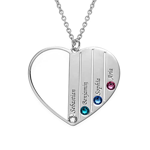 MyNameNecklace MYKA – Personalisierter Herzanhänger mit Geburtssteinen oder Diamantoptionen – Gravierte Namenskette für Mama – Maßgeschneiderter Schmuck für den Muttertag (925er Silber) von MyNameNecklace