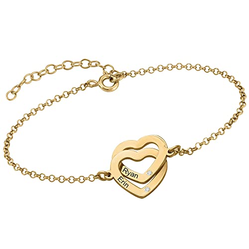MYKA – Personalisiertes 2 Ineinandergreifendes Herzform-Charm-Armband für mit Diamant-Option – Gravieren Sie jeden Namen – Zierlicher Schmuck für Frauen (750er Gold Vermeil mit diamant) von MyNameNecklace